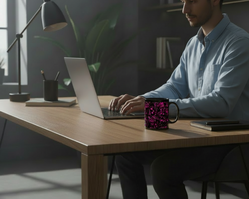 Person working on a laptop at a desk with a pink Freebrd "Medicolo" mug in a dimly lit room.