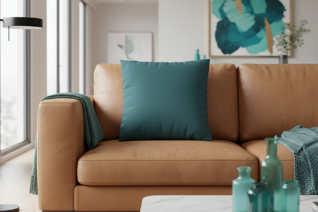 Brown leather sofa with a Abstract Teal Luxury Faux Suede Pillow in a living room setting