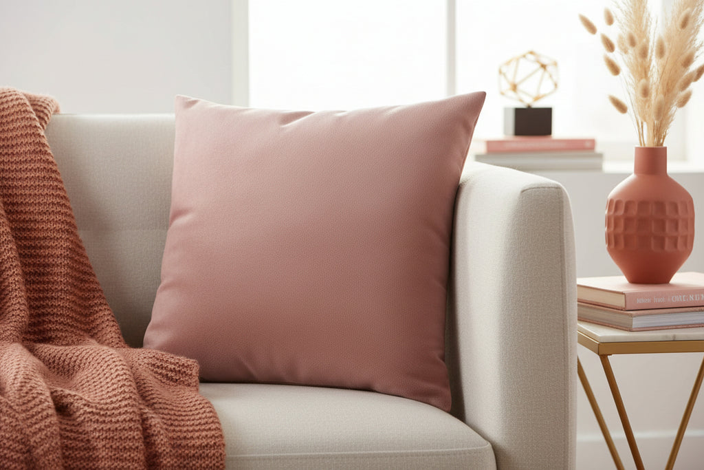 Adore Pink Luxury Faux Suede Square Pillowcase on a white sofa with a vase and decor items in the background