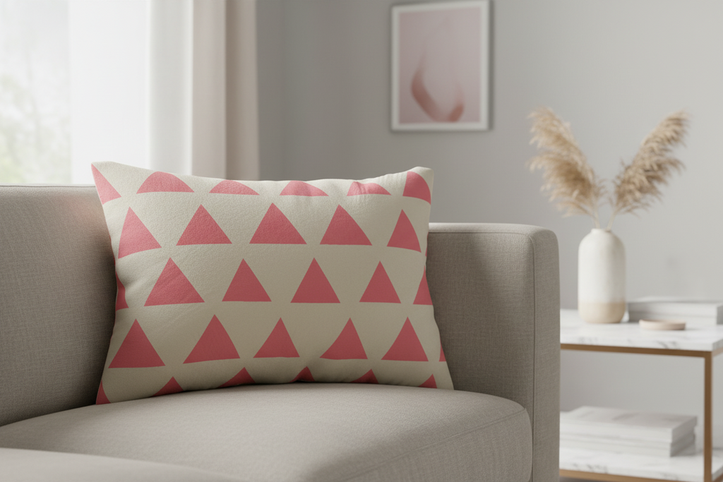Adore Pink Triangle Pattern Lumbar Pillow on a beige couch 
