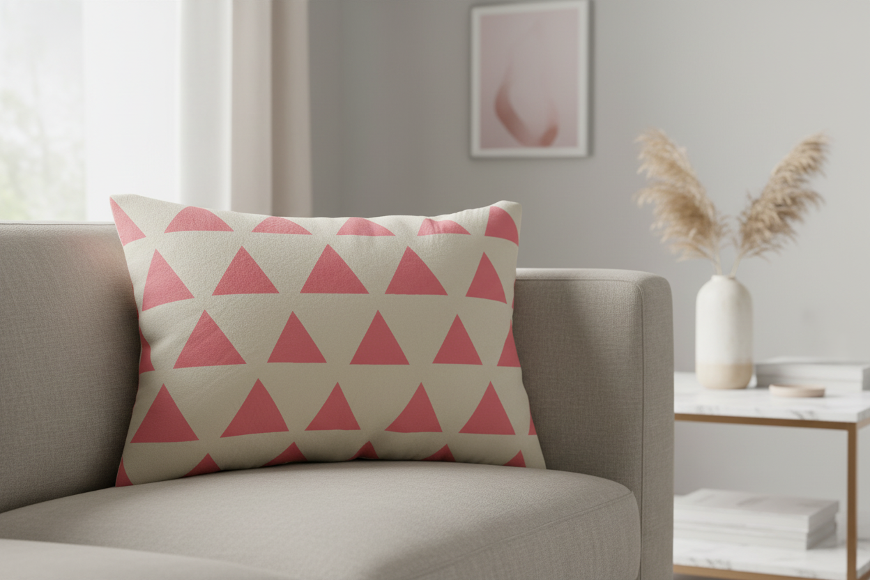 Adore Pink Triangle Pattern Lumbar Pillow on a beige couch 