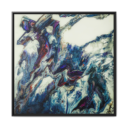 ”Afrostar" 36” x 36” Freebrd  modern abstract artwork showing swirling colors on 1.25" inch thick canvas that has certified wood black frame.