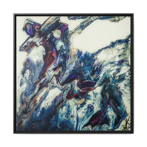 ”Afrostar" 36” x 36” Freebrd  modern abstract artwork showing swirling colors on 1.25" inch thick canvas that has certified wood black frame.