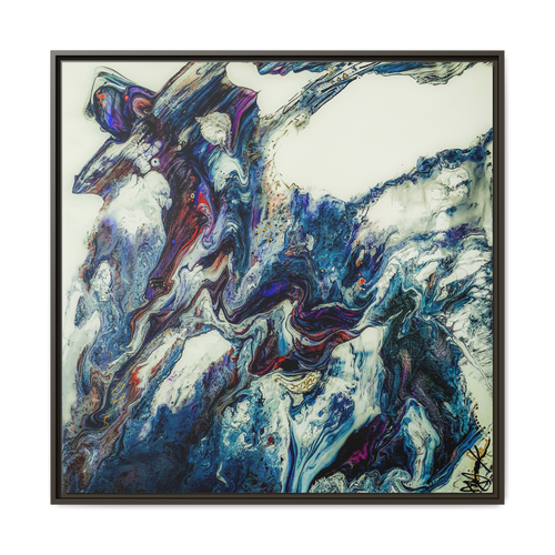 ”Afrostar" 36” x 36” Freebrd  modern abstract artwork showing swirling colors on 1.25" inch thick canvas that has certified wood espresso frame.