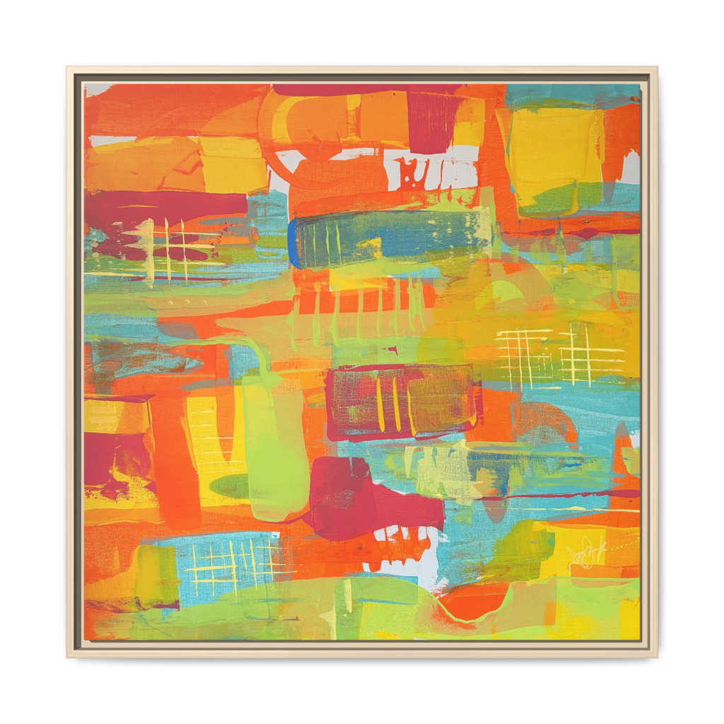 30 x 30 “Ali Sgrattage” Freebrd Abstract Framed 1.25” thick Canvas framed in white. Showcasing teal, boho orange, sunshine yellow, butter yellow, lime green and white paint textures with a natural wood frame. 