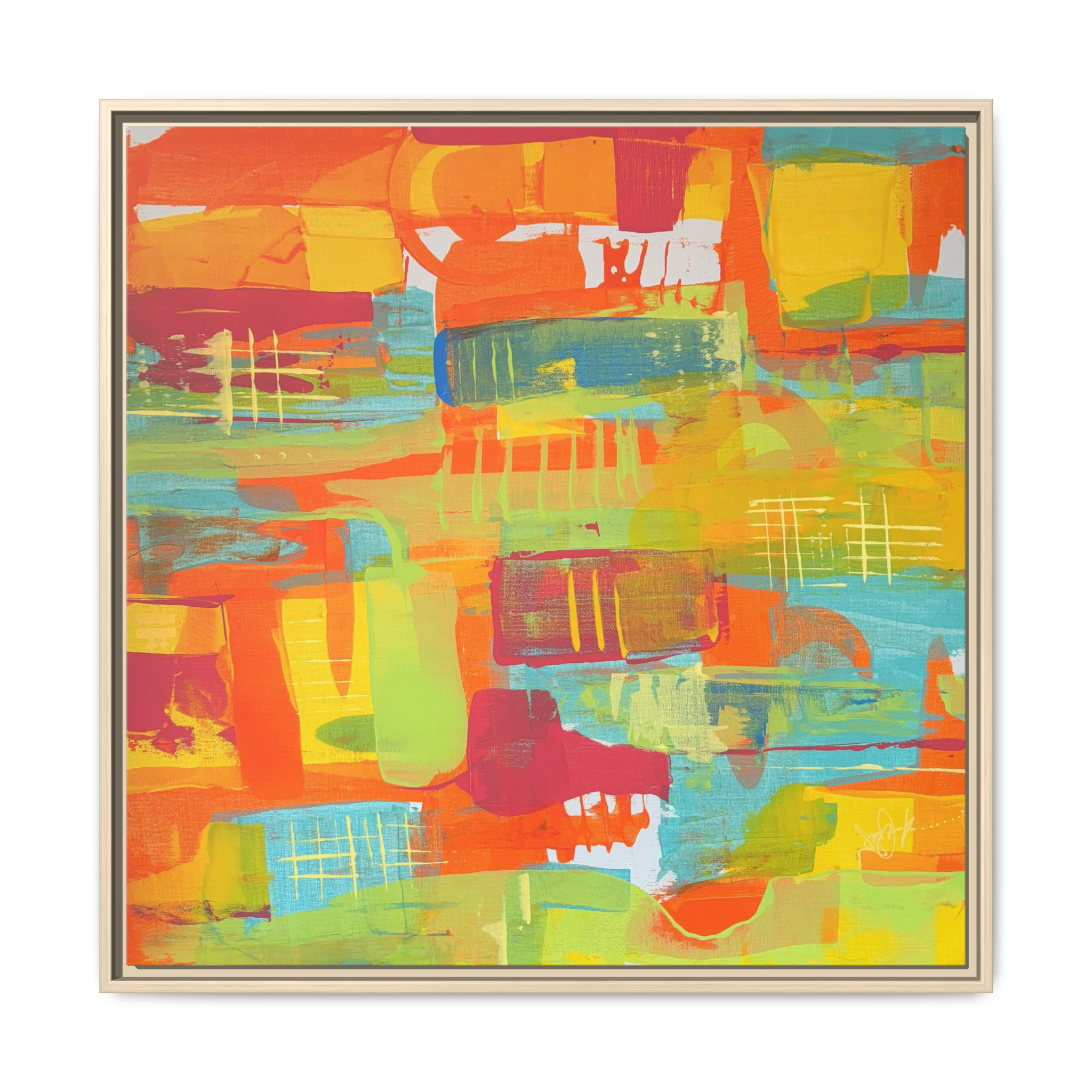 30 x 30 “Ali Sgrattage” Freebrd Abstract Framed 1.25” thick Canvas framed in white. Showcasing teal, boho orange, sunshine yellow, butter yellow, lime green and white paint textures with a natural wood frame. 