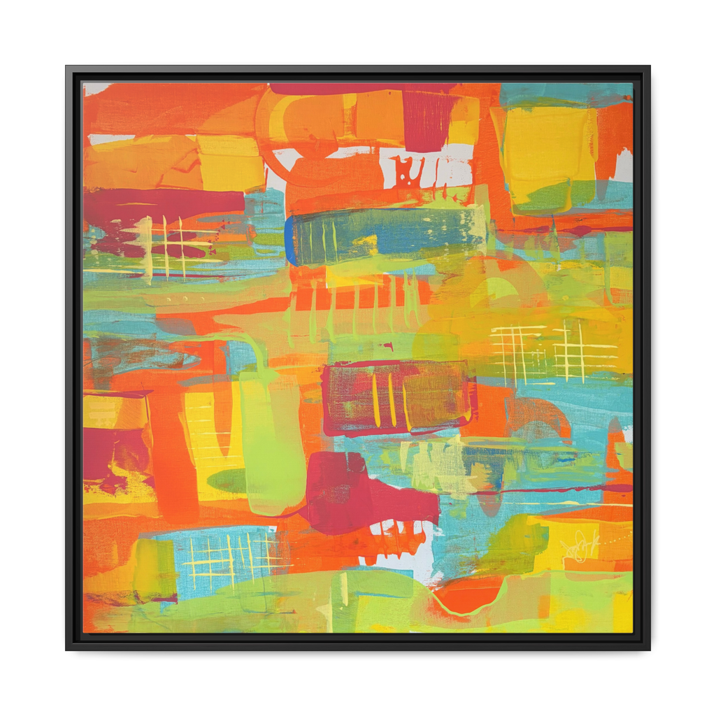 30 x 30 “Ali Sgrattage” Freebrd Abstract Framed 1.25” thick Canvas framed in white. Showcasing teal, boho orange, sunshine yellow, butter yellow, lime green and white paint textures with a black wooden frame. 