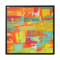 30 x 30 “Ali Sgrattage” Freebrd Abstract Framed 1.25” thick Canvas framed in white. Showcasing teal, boho orange, sunshine yellow, butter yellow, lime green and white paint textures with a black wooden frame. 