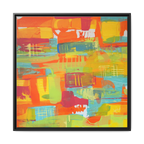 30 x 30 “Ali Sgrattage” Freebrd Abstract Framed 1.25” thick Canvas framed in white. Showcasing teal, boho orange, sunshine yellow, butter yellow, lime green and white paint textures with a black wooden frame. 
