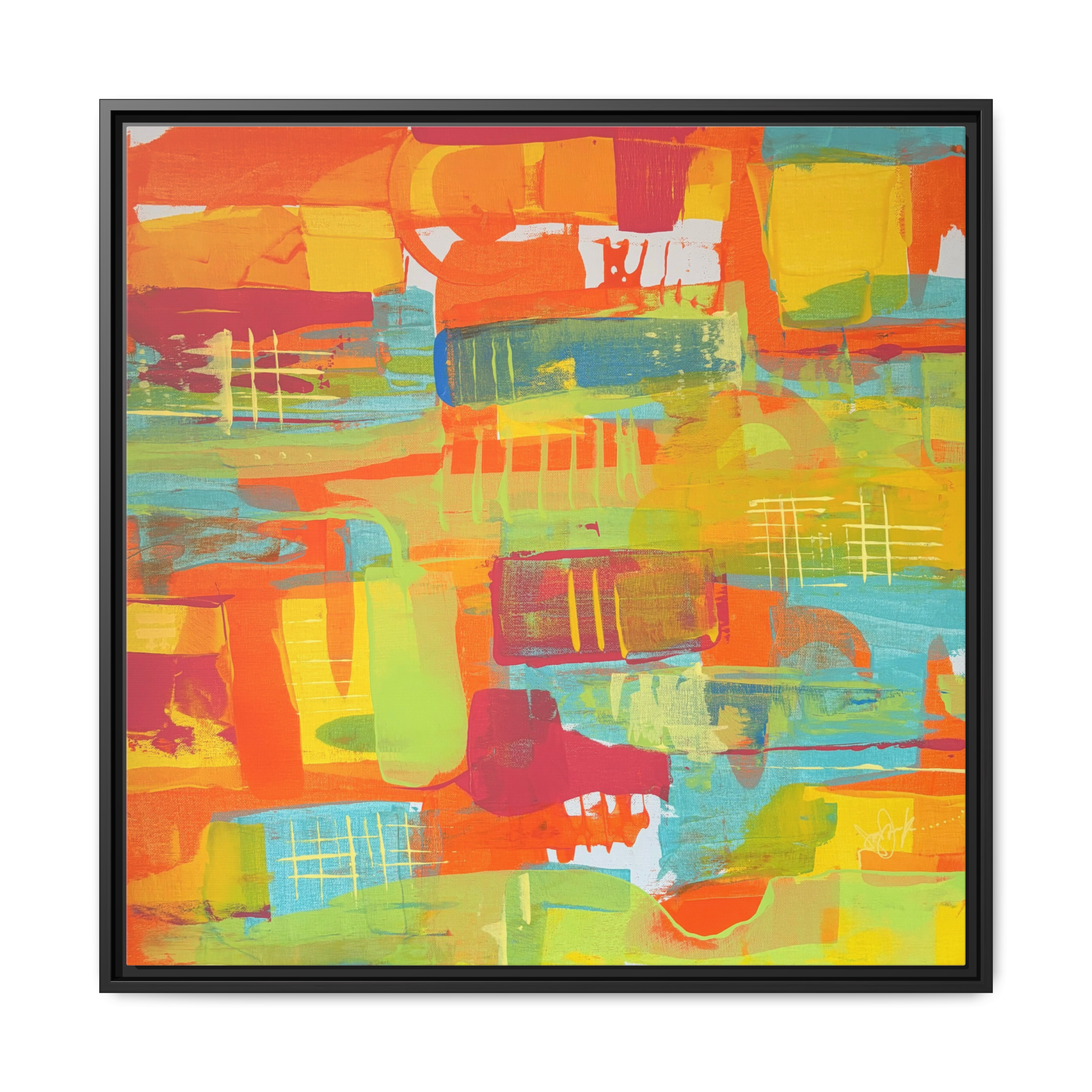 30 x 30 “Ali Sgrattage” Freebrd Abstract Framed 1.25” thick Canvas framed in white. Showcasing teal, boho orange, sunshine yellow, butter yellow, lime green and white paint textures with a black wooden frame. 
