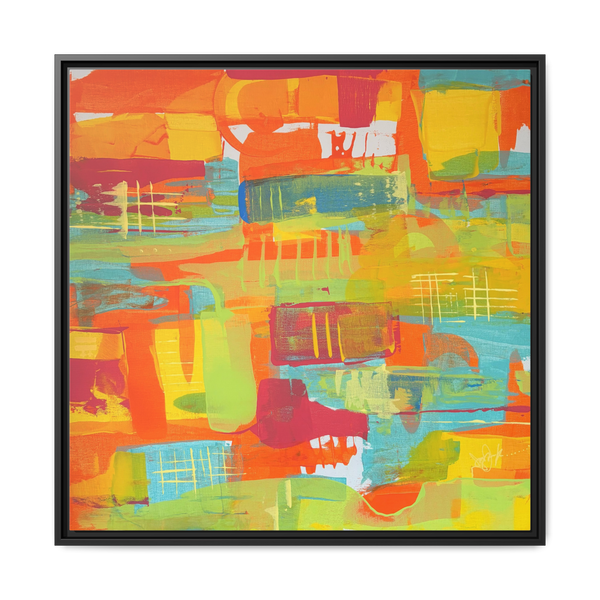30 x 30 “Ali Sgrattage” Freebrd Abstract Framed 1.25” thick Canvas framed in white. Showcasing teal, boho orange, sunshine yellow, butter yellow, lime green and white paint textures with a black wooden frame. 