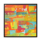 30 x 30 “Ali Sgrattage” Freebrd Abstract Framed 1.25” thick Canvas framed in white. Showcasing teal, boho orange, sunshine yellow, butter yellow, lime green and white paint textures with an espresso wooden frame. 