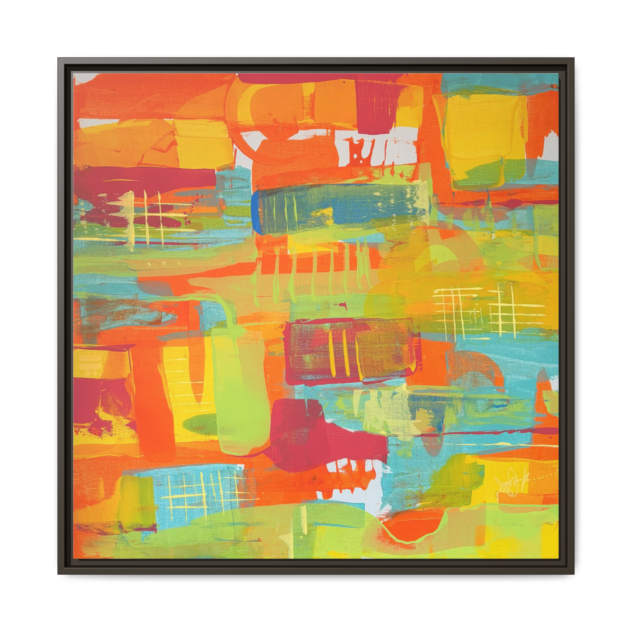 30 x 30 “Ali Sgrattage” Freebrd Abstract Framed 1.25” thick Canvas framed in white. Showcasing teal, boho orange, sunshine yellow, butter yellow, lime green and white paint textures with an espresso wooden frame. 