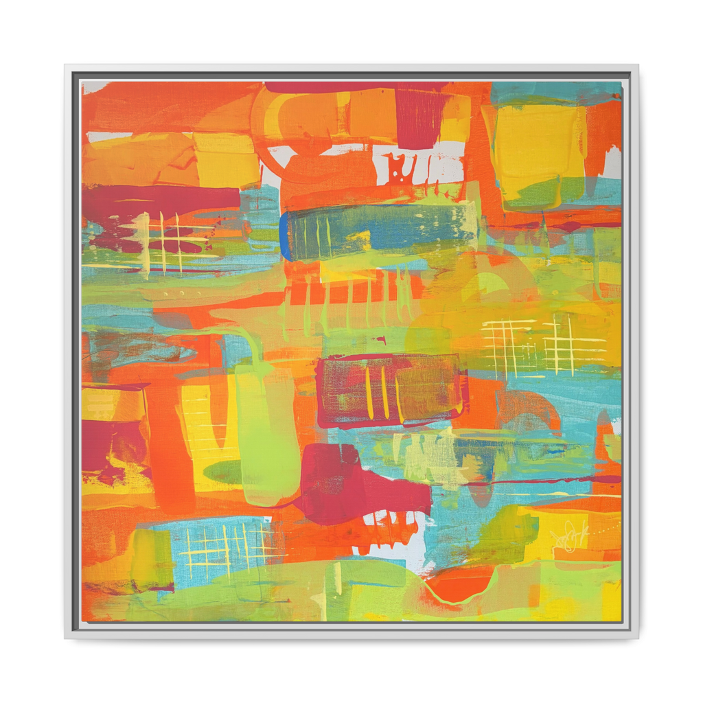 30 x 30 “Ali Sgrattage” Freebrd Abstract Framed 1.25” thick Canvas framed in white. Showcasing teal, boho orange, sunshine yellow, butter yellow, lime green and white paint textures with a white wooden frame. 