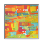 30 x 30 “Ali Sgrattage” Freebrd Abstract Framed 1.25” thick Canvas framed in white. Showcasing teal, boho orange, sunshine yellow, butter yellow, lime green and white paint textures with a white wooden frame. 