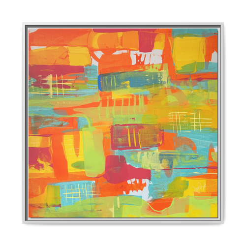 30 x 30 “Ali Sgrattage” Freebrd Abstract Framed 1.25” thick Canvas framed in white. Showcasing teal, boho orange, sunshine yellow, butter yellow, lime green and white paint textures with a white wooden frame. 