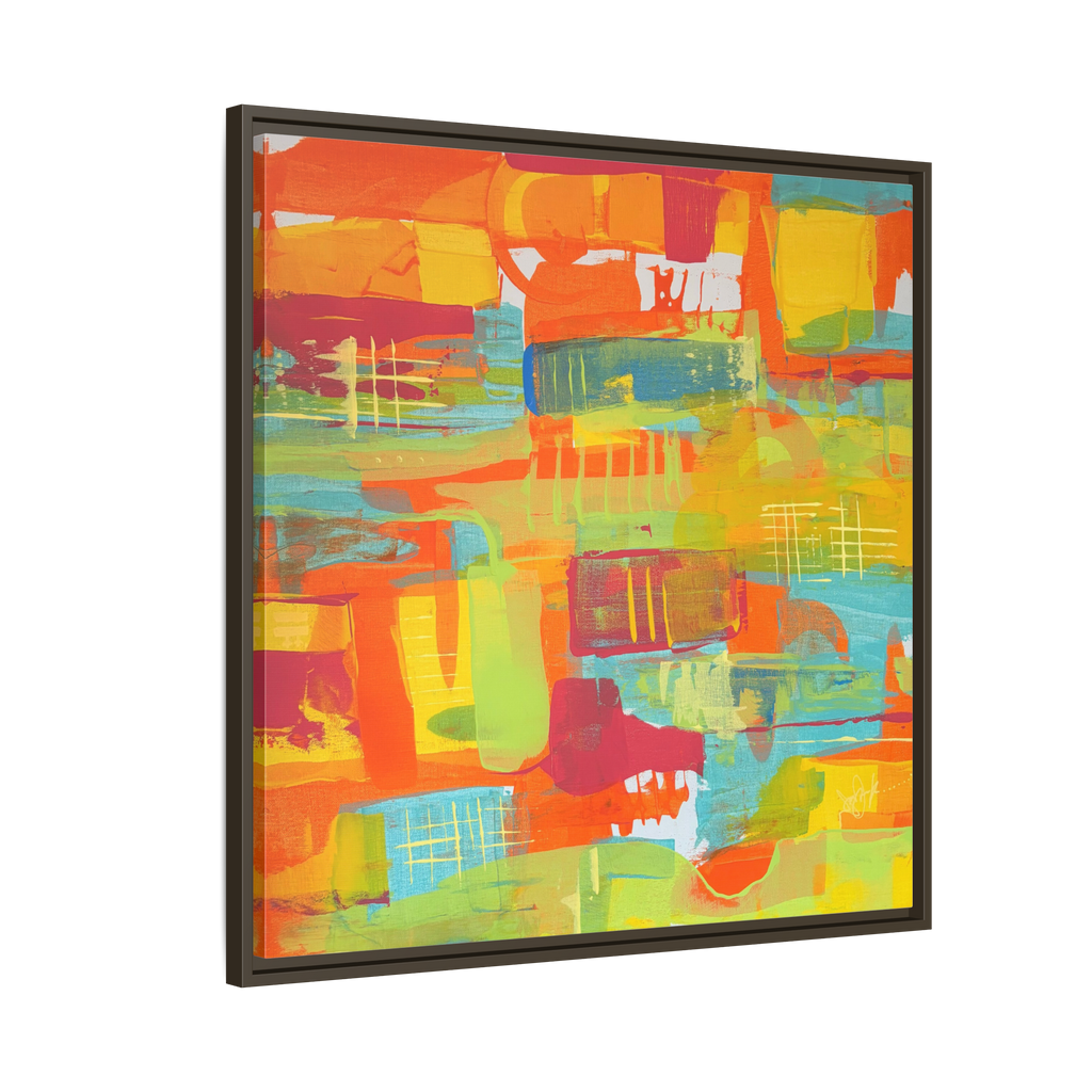 30 x 30 “Ali Sgrattage” Freebrd Abstract Framed 1.25” thick Canvas framed in white. Showcasing teal, boho orange, sunshine yellow, butter yellow, lime green and white paint textures with an espresso wooden frame. 