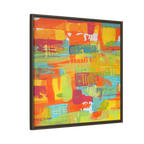 30 x 30 “Ali Sgrattage” Freebrd Abstract Framed 1.25” thick Canvas framed in white. Showcasing teal, boho orange, sunshine yellow, butter yellow, lime green and white paint textures with an espresso wooden frame. 