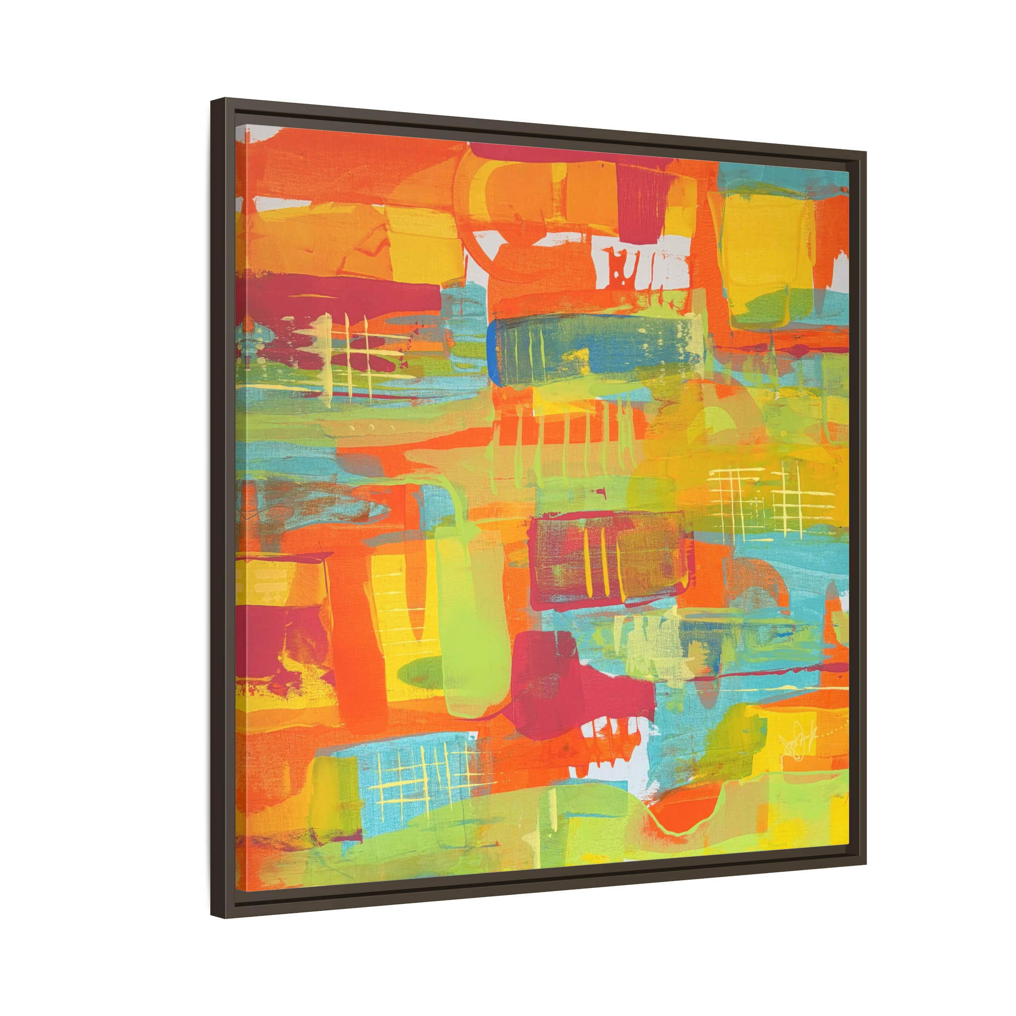 30 x 30 “Ali Sgrattage” Freebrd Abstract Framed 1.25” thick Canvas framed in white. Showcasing teal, boho orange, sunshine yellow, butter yellow, lime green and white paint textures with an espresso wooden frame. 