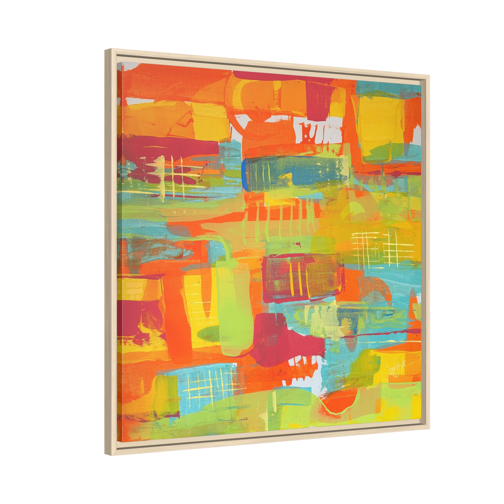 30 x 30 “Ali Sgrattage” Freebrd Abstract Framed 1.25” thick Canvas framed in white. Showcasing teal, boho orange, sunshine yellow, butter yellow, lime green and white paint textures with a natural wood frame. 