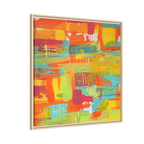 30 x 30 “Ali Sgrattage” Freebrd Abstract Framed 1.25” thick Canvas framed in white. Showcasing teal, boho orange, sunshine yellow, butter yellow, lime green and white paint textures with a natural wood frame. 