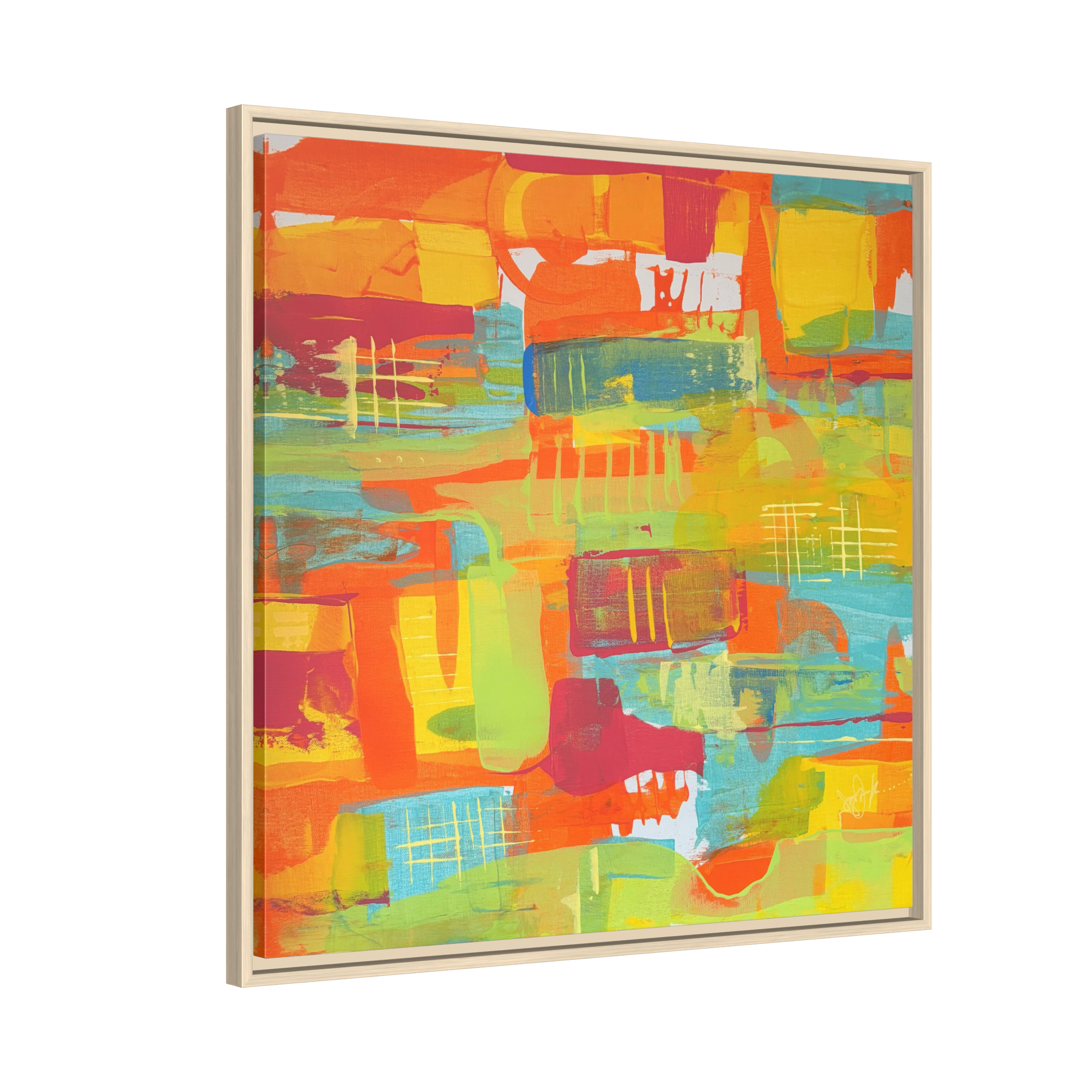 30 x 30 “Ali Sgrattage” Freebrd Abstract Framed 1.25” thick Canvas framed in white. Showcasing teal, boho orange, sunshine yellow, butter yellow, lime green and white paint textures with a natural wood frame. 