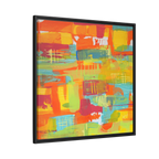 30 x30 “Ali Sgrattage” Freebrd Abstract Framed 1.25” thick Canvas framed in white. Showcasing teal, boho orange, sunshine yellow, butter yellow, lime green and white paint textures with a black frame.