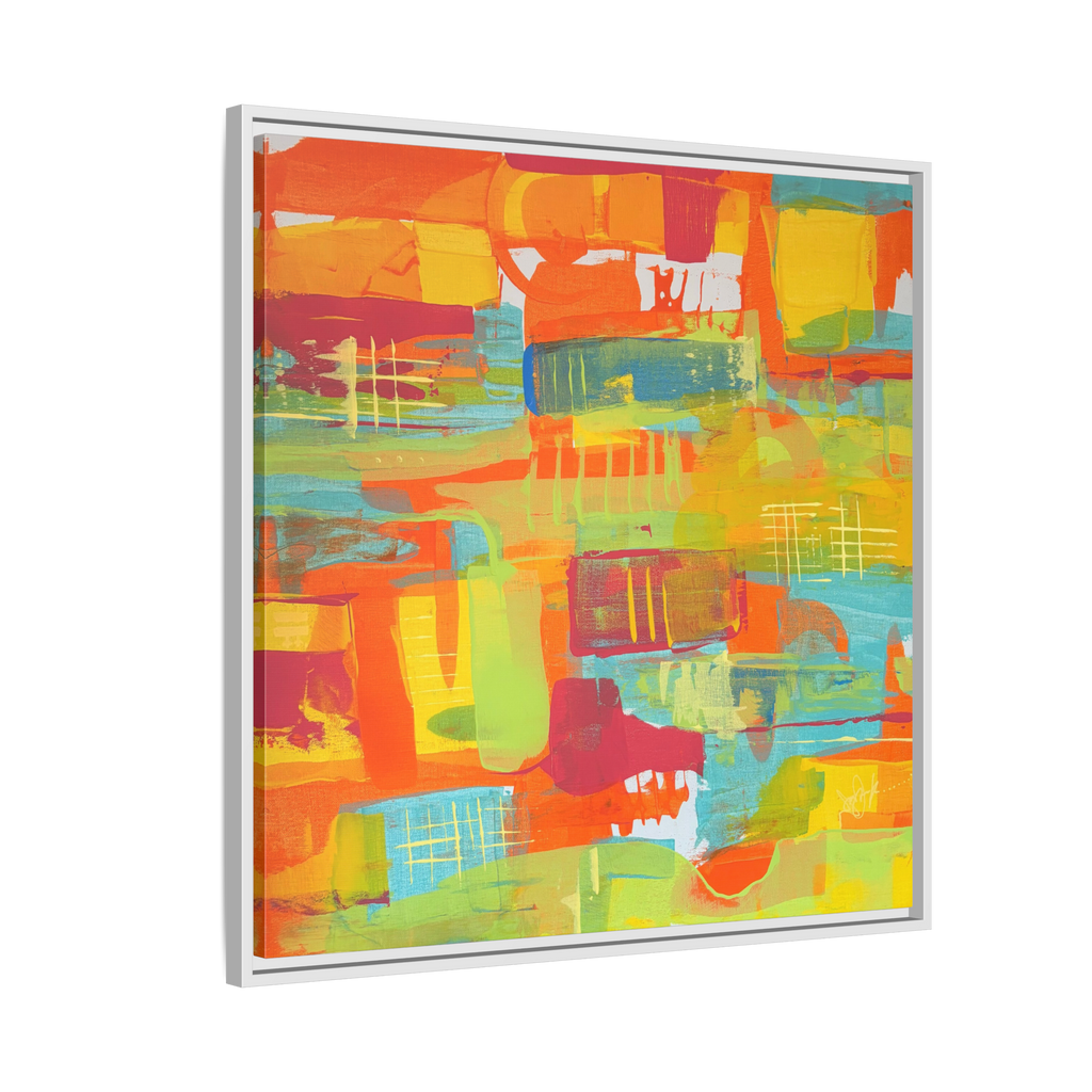 30 x30 “Ali Sgrattage” Freebrd Abstract Framed 1.25” thick Canvas framed in white. Showcasing teal, boho orange, sunshine yellow, butter yellow, lime green and white paint textures with a white frame. 