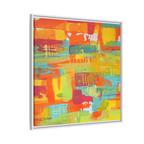 30 x30 “Ali Sgrattage” Freebrd Abstract Framed 1.25” thick Canvas framed in white. Showcasing teal, boho orange, sunshine yellow, butter yellow, lime green and white paint textures with a white frame. 