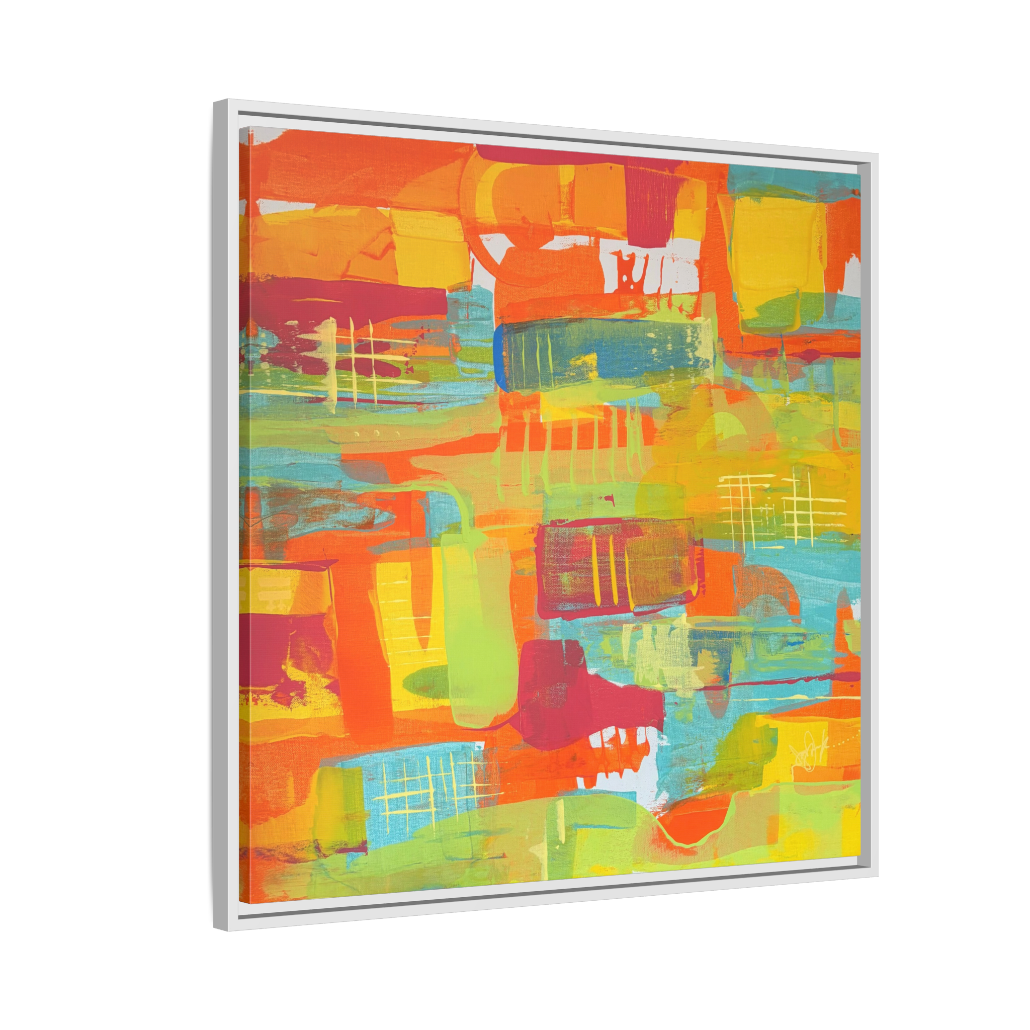 30 x30 “Ali Sgrattage” Freebrd Abstract Framed 1.25” thick Canvas framed in white. Showcasing teal, boho orange, sunshine yellow, butter yellow, lime green and white paint textures with a white frame. 
