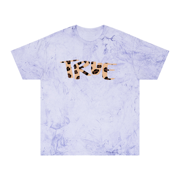 Amethyst marble-patterned tie dye t-shirt with 'true' text in cheetah print text