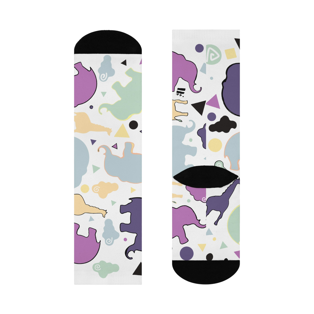 Animal Clouds Cushioned Mid-calf Socks. Featuring vibrant giraffe and elephant cloud prints in playful sea green, purple, and yellow colors with a black toe and heel.

