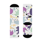 Animal Clouds Cushioned Mid-calf Socks. Featuring vibrant giraffe and elephant cloud prints in playful sea green, purple, and yellow colors with a black toe and heel.


