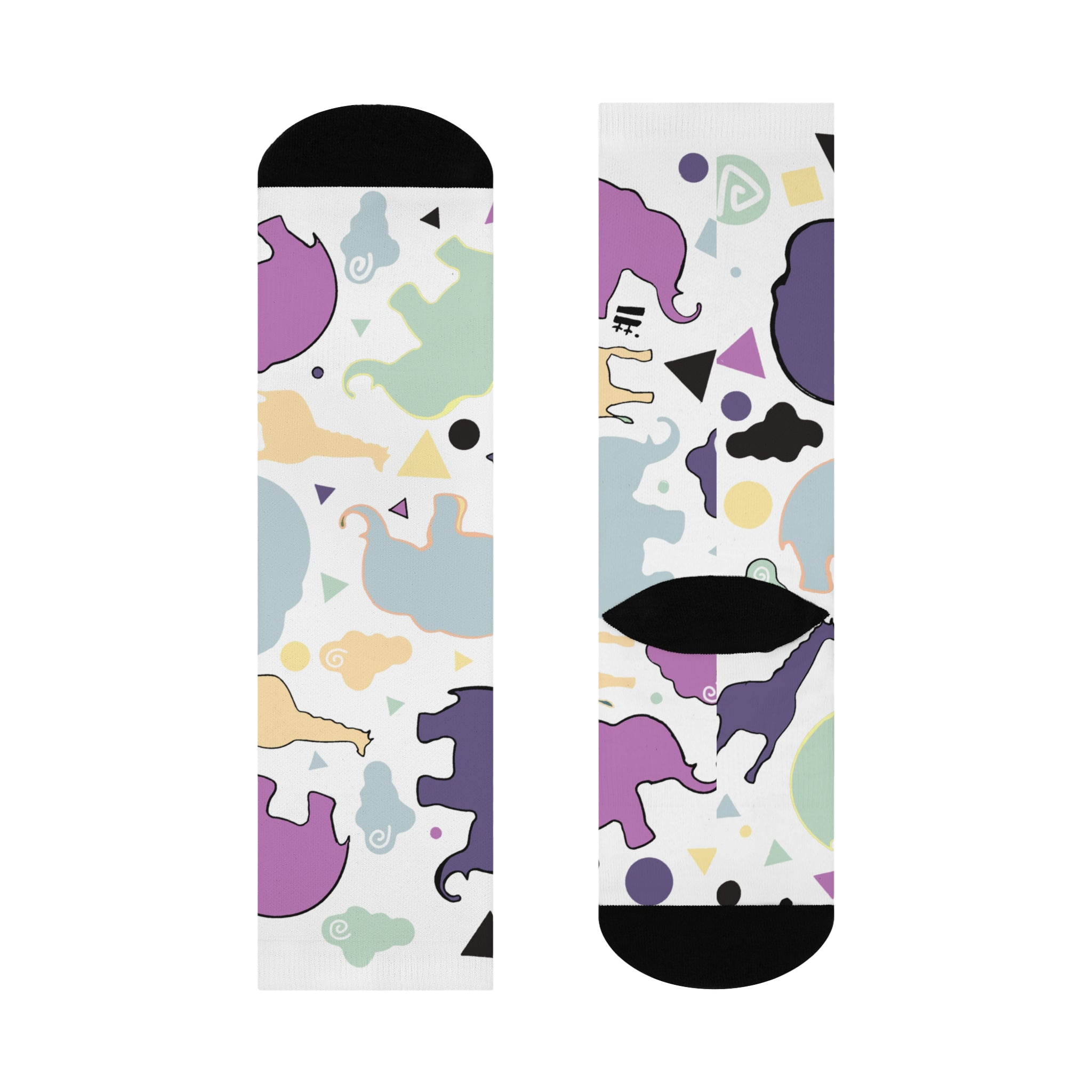 Animal Clouds Cushioned Mid-calf Socks. Featuring vibrant giraffe and elephant cloud prints in playful sea green, purple, and yellow colors with a black toe and heel.

