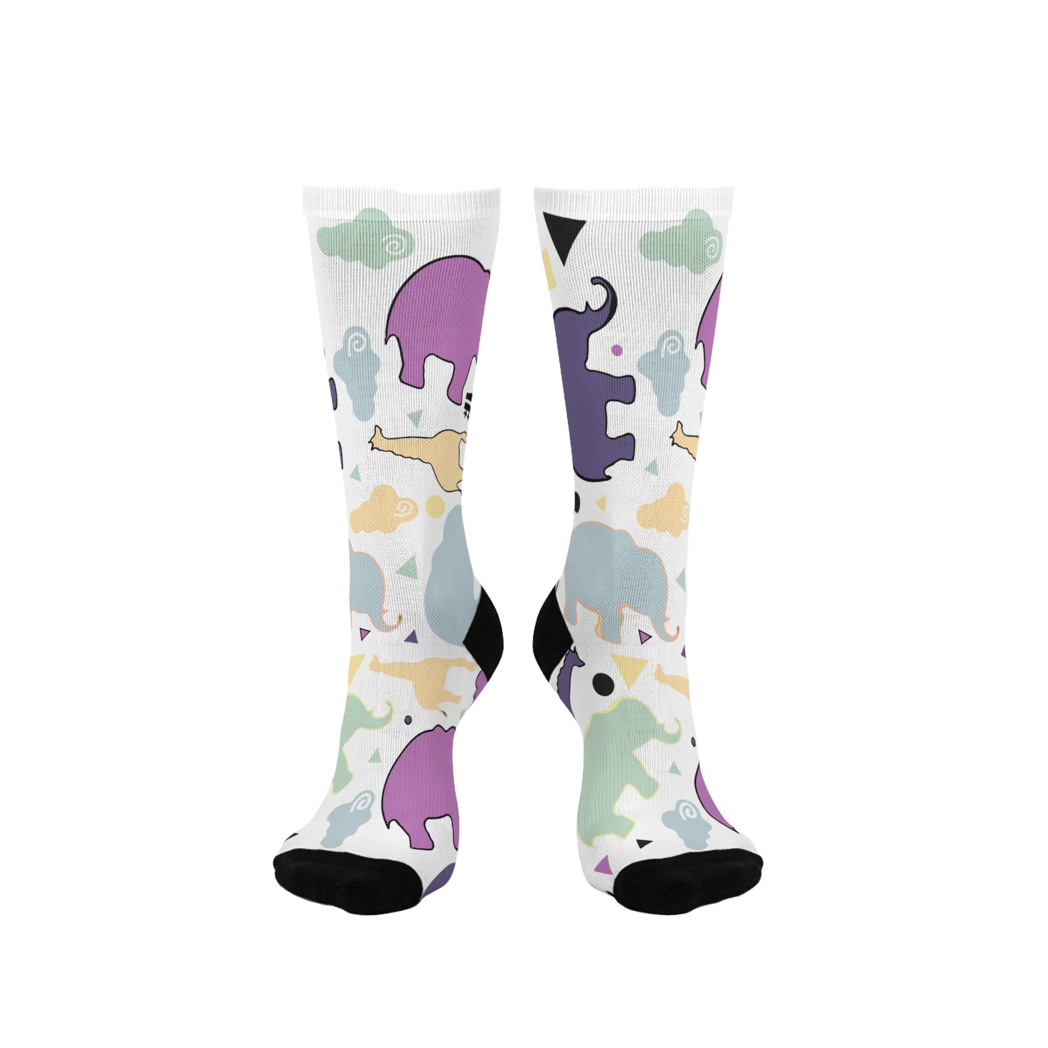 Animal Clouds Cushioned Mid-calf Socks. Featuring vibrant giraffe and elephant cloud prints in playful sea green, purple, and yellow colors with a black toe and heel.