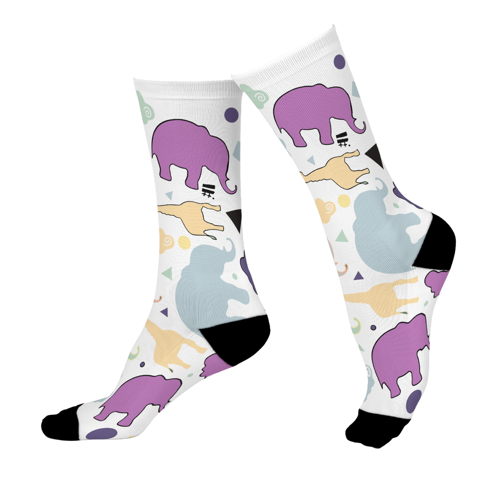 Animal Clouds Cushioned Mid-calf Socks. Featuring vibrant giraffe and elephant cloud prints in playful sea green, purple, and yellow colors with a black toe and heel.