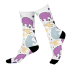 Animal Clouds Cushioned Mid-calf Socks. Featuring vibrant giraffe and elephant cloud prints in playful sea green, purple, and yellow colors with a black toe and heel.