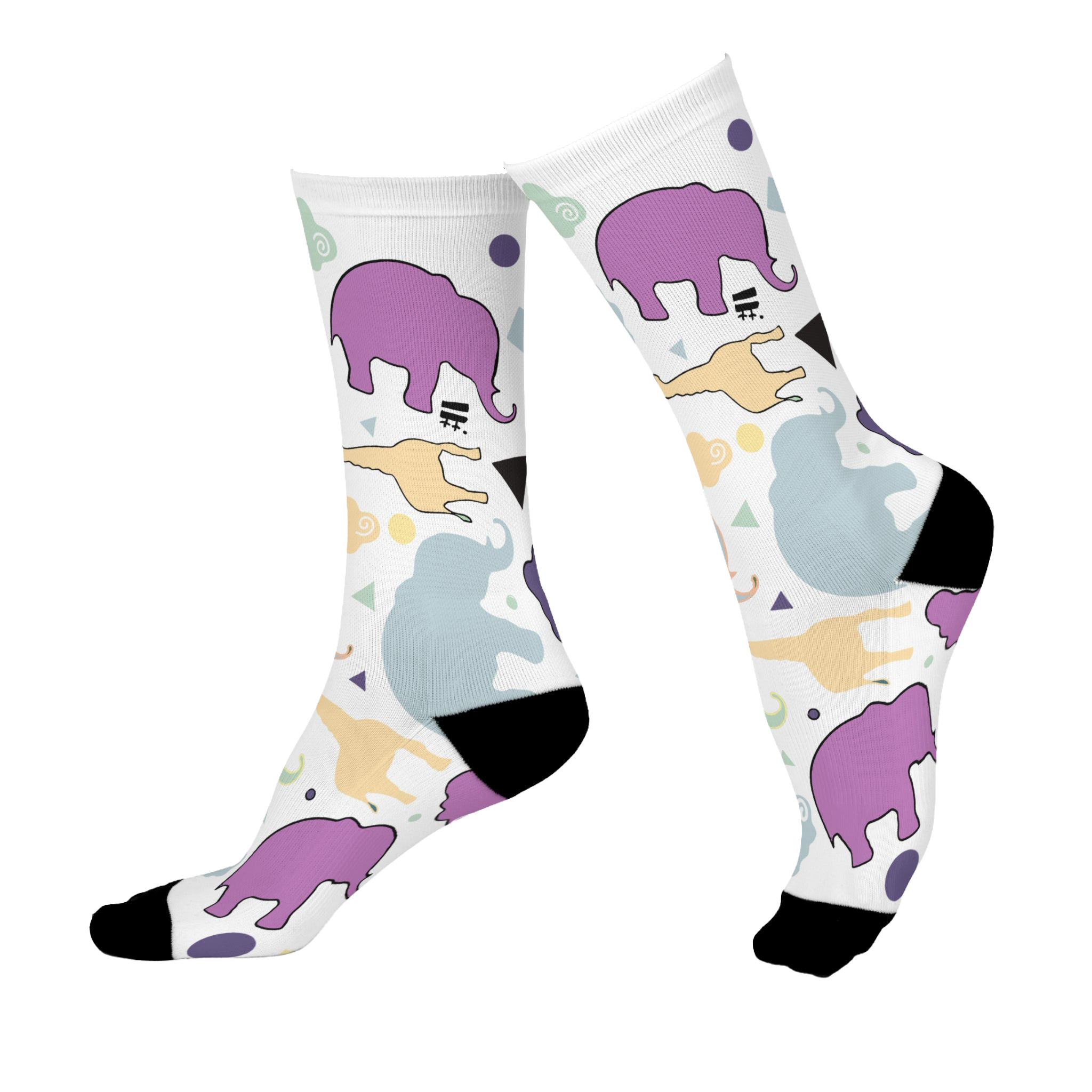 Animal Clouds Cushioned Mid-calf Socks. Featuring vibrant giraffe and elephant cloud prints in playful sea green, purple, and yellow colors with a black toe and heel.
