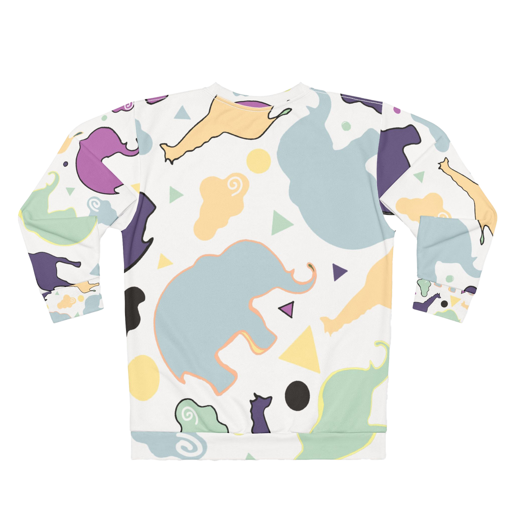 Animal Clouds Pullover Sweatshirt with a classic crew neck, crafted from quick-drying 100% polyester featuring reinforced ribbed cuffs and collar. This sweatshirt features elephants, giraffes, and clouds in shades of purple, sea green, yellow, black, and white.