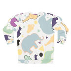 Animal Clouds Pullover Sweatshirt with a classic crew neck, crafted from quick-drying 100% polyester featuring reinforced ribbed cuffs and collar. This sweatshirt features elephants, giraffes, and clouds in shades of purple, sea green, yellow, black, and white.