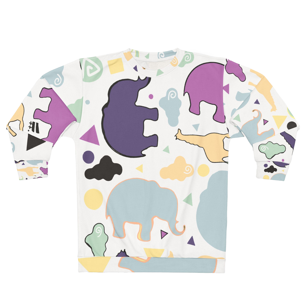 Animal Clouds Pullover Sweatshirt with a classic crew neck, crafted from quick-drying 100% polyester featuring reinforced ribbed cuffs and collar. This sweatshirt features elephants, giraffes, and clouds in shades of purple, sea green, yellow, black, and white.