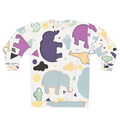Animal Clouds Pullover Sweatshirt with a classic crew neck, crafted from quick-drying 100% polyester featuring reinforced ribbed cuffs and collar. This sweatshirt features elephants, giraffes, and clouds in shades of purple, sea green, yellow, black, and white.