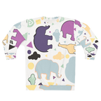 Animal Clouds Pullover Sweatshirt with a classic crew neck, crafted from quick-drying 100% polyester featuring reinforced ribbed cuffs and collar. This sweatshirt features elephants, giraffes, and clouds in shades of purple, sea green, yellow, black, and white.
