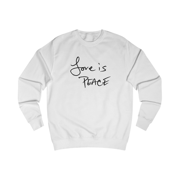 Arctic white sweatshirt with black 'Love is Peace' text