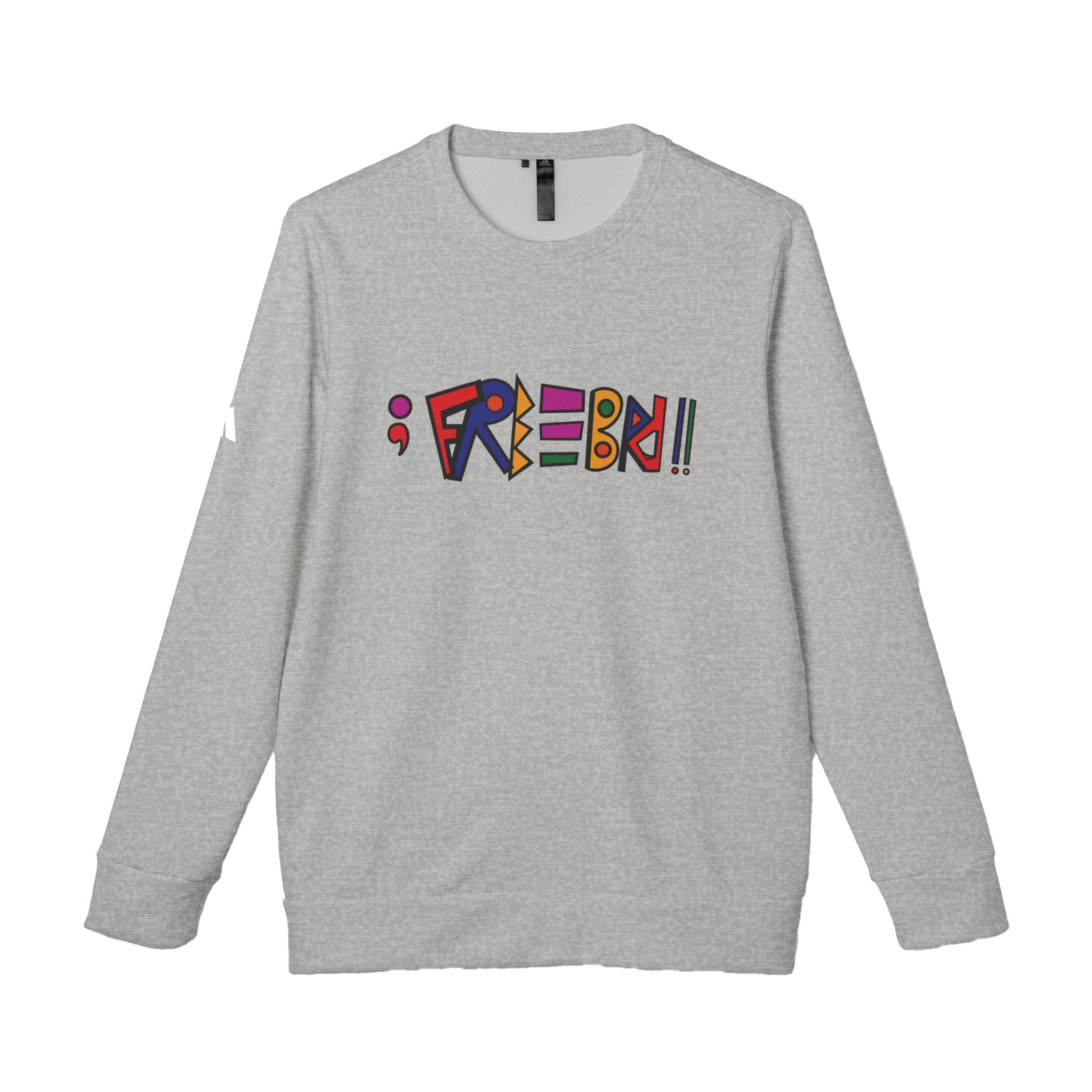 Ash Grey Heather Freebrd Custom Adidas Crewneck Sweatshirt with ';Freebrd' Designed in Colored Freebrd text on the front chest of apparel and Adidas Brand Logo on right sleeve