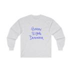 Ash long-sleeve shirt with 'Human Rights Defender' in royal blue text 

