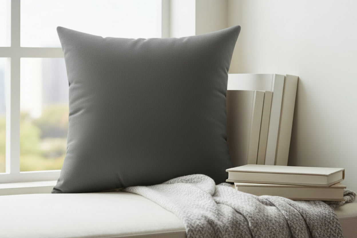 Atomic Gray Faux Suede pillow on a white surface with books and a blanket in the background