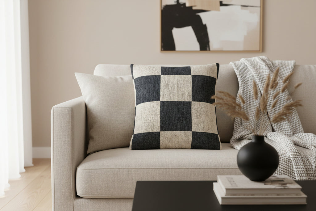 Beige sofa with Atomic Grey Woven Checkered Decorative Pillow and decorative items in a living room setting
