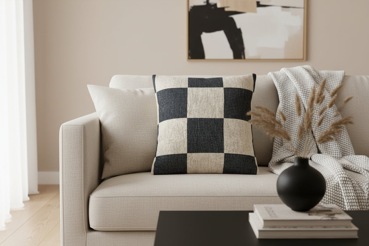 Beige sofa with Atomic Grey Woven Checkered Decorative Pillow and decorative items in a living room setting