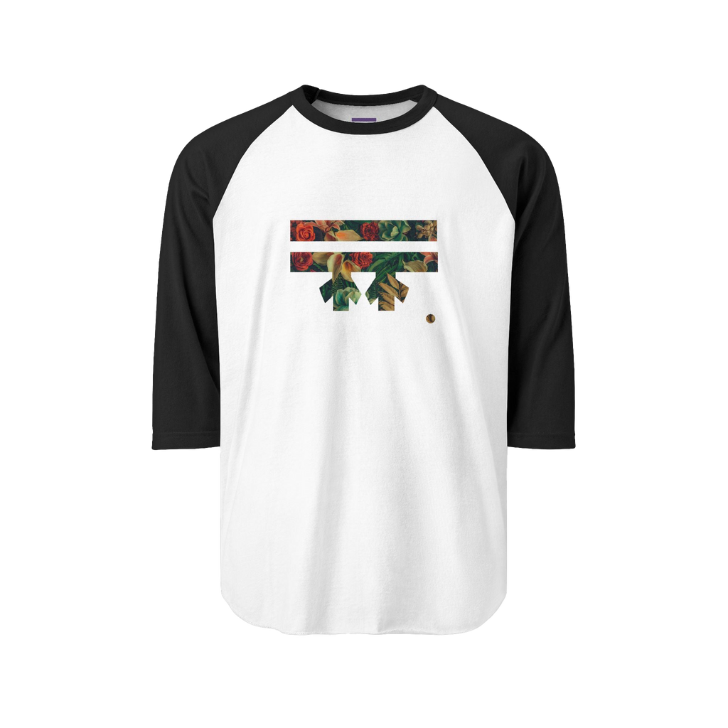 white body, black sleeves with an autumn themed floral pattern Freebrd logo design